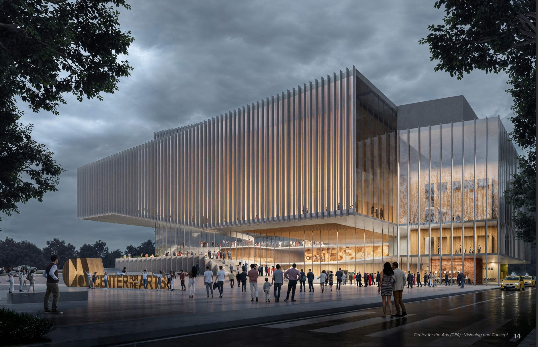Architectural vision of a lively public plaza outside the Center for the Arts